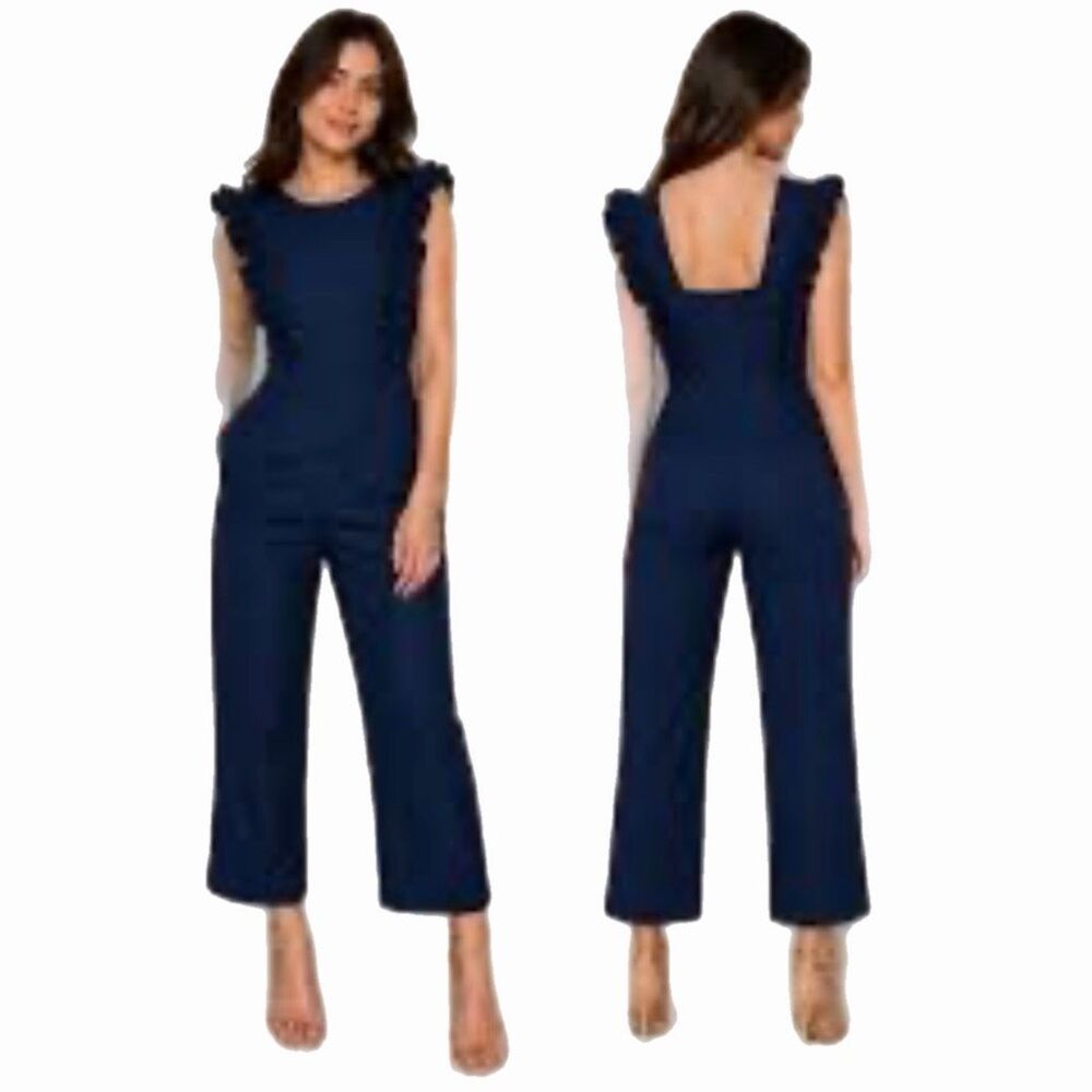 Gianni Bini Navy Blue Ruffle Strap Jumpsuit - Vintage Style